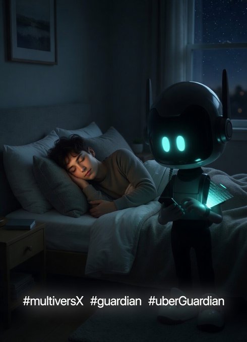 The image features a man sleeping peacefully on a bed, with a robot standing next to him. The robot has glowing green eyes and appears to be watching over the man as he sleeps. In the background of the photo, there are books placed near the bed, suggesting that the room might be used for reading or studying.
