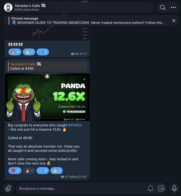 A Telegram channel called "Yaroslav's Calls" (2,240 subscribers) displays a pinned "BEGINNER GUIDE TO TRADING MEMECOINS" message and a celebratory post about $PANDA achieving a 12.6x return, called at 48.6M with a market cap of $48K. The post congratulates members on the "massive" gains and teases "more calls coming soon" to drive engagement with the free trading group.