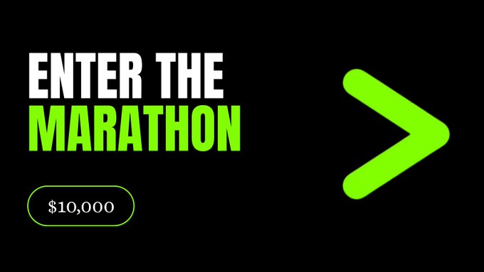 A black promotional graphic with bold text reading 'ENTER THE MARATHON' in white and green, featuring a green button labeled '$10,000' and a large green arrow pointing right.