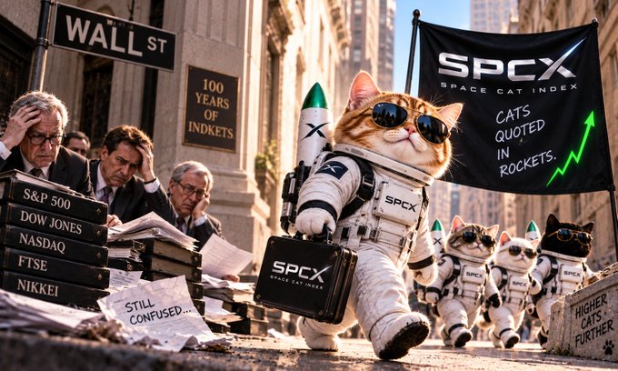 Confused Wall Street analysts surrounded by books on the S&P 500, Dow Jones, NASDAQ, FTSE, and Nikkei are upstaged by an astronaut cat holding a briefcase labeled "SPCX – Space Cat Index," backed by a banner reading "Cats Quoted in Rockets" and a "Wall St" sign. The image humorously illustrates the post's claim that while traditional finance spent 100 years on indexes, $SPCX simply launched a cat into a spacesuit.