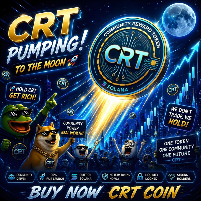 A promotional image for 'CRT PUMPING TO THE MOON' featuring a Solana-based Community Reward Token with cartoon animals, rockets, and slogans like 'WE DON'T TRADE, WE HOLD!'