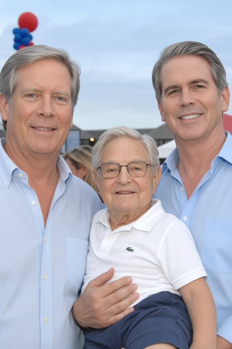 A photo of an elderly man wearing a white Lacoste polo shirt, being held or embraced by two younger men in light blue button-up shirts, at an outdoor gathering with red, white, and blue balloons in the background — a wholesome family portrait that skeptics claim looks AI-generated due to its polished, somewhat uncanny appearance.