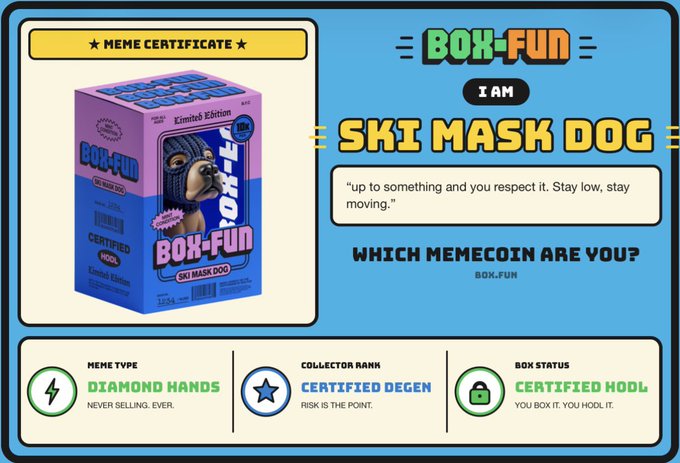 'MEME CERTIFICATE' for BOK-FUN 'I AM SKI MASK DOG' meme personality, featuring a collectible box with a dog in a ski mask, labeled with traits 'DIAMOND HANDS', 'CERTIFIED DEGEN', and 'CERTIFIED HODL'.