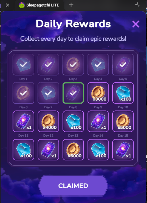 The image shows a gaming interface with multiple options, including daily rewards, claims, and leveling up of characters or achievements. The title screen is purple with a cloudy sky background, indicating that they are in the Sleepagotch game. A specific question is displayed about whether the player will reach Day 8. Additionally, there are descriptions and explanations related to the gaming world and how it may be connected to the post "claimed" by the user.