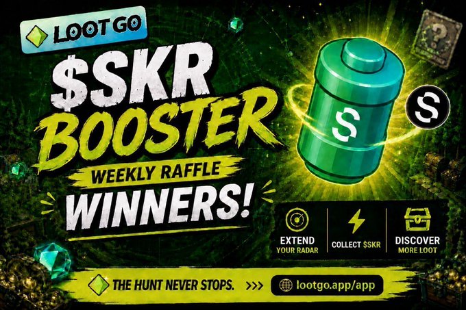 A vibrant promotional graphic announces the "$SKR Booster Weekly Raffle Winners!" for the LootGO app, featuring a glowing green canister marked with a dollar sign and action prompts to "Extend Your Radar," "Collect $SKR," and "Discover More Loot," with the tagline "The Hunt Never Stops" and the link "lootgo.app/app," celebrating another round of lucky winners in partnership with Solana Mobile.
