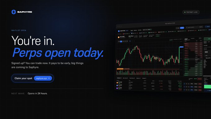 A promotional screenshot for the cryptocurrency exchange Saphyre, featuring the headline 'You're in. Perps open today.' and a 'Claim your spot' button alongside a trading chart interface.