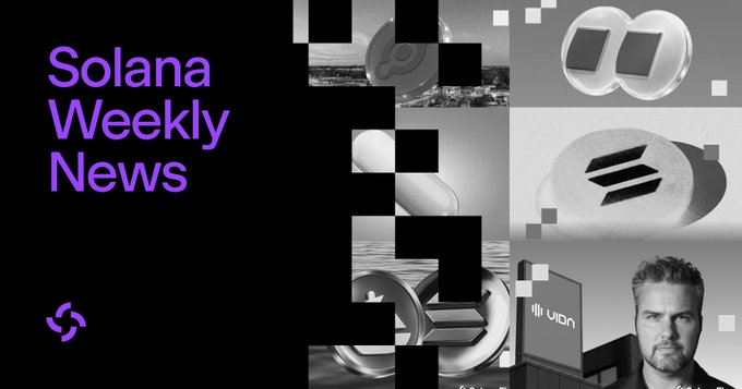 A promotional graphic titled "Solana Weekly News" in purple text against a black background, featuring grayscale images including the Solana logo, a person labeled "Vida," and various blockchain-related visuals. The image serves as a header for a post highlighting the top 6 Solana news stories of the week, including Solana's $144M August app revenue, Vida Global CEO's acknowledgment of a meme/stock pairing, and Fomo acquiring Mobula for $17M.
