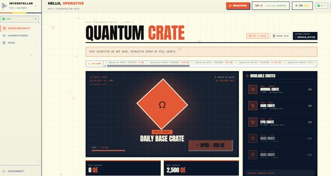 A screenshot of the InterStellar web interface showing the Quantum Crate page with a daily base crate open in 100 seconds and various other crate options listed.