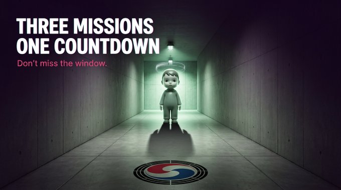 A dimly lit concrete corridor features a giant doll figure (Cheol-su) illuminated at the end, with the South Korean flag's red and blue taegeuk symbol marked on the floor. Bold text reads "THREE MISSIONS ONE COUNTDOWN" with "Don't miss the window." below, tying into the Squid Game-themed crypto promotion where players tap the doll for SMG and TON token rewards.