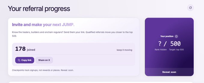 The image displays a "Your referral progress" dashboard for Jumper's airdrop waitlist, showing 178 referrals joined and a hidden rank position out of a top 500 target. It includes options to copy a referral link or share on X, illustrating the referral-based ranking system highlighted in the accompanying post encouraging users to register at the provided waitlist link.