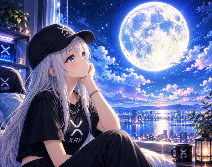 An anime-style illustration of a silver-haired girl wearing a black cap and t-shirt branded with the 'XRP' logo, gazing at a large glowing full moon over a nighttime cityscape.
