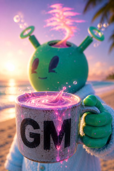 A 3D-rendered green alien character wearing a bathrobe, holding a ceramic mug labeled 'GM' filled with glowing pink magical liquid, set against a sunset beach scene.