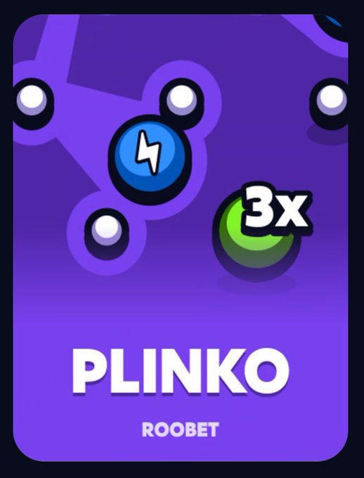 The image is a purple promotional card for "PLINKO" on Roobet, featuring a blue ball with a lightning bolt surrounded by white pegs, and a green "3x" multiplier badge. It visually represents the Plinko game mentioned in the post, which advertises a winning experience with a referral link to roobet.com.