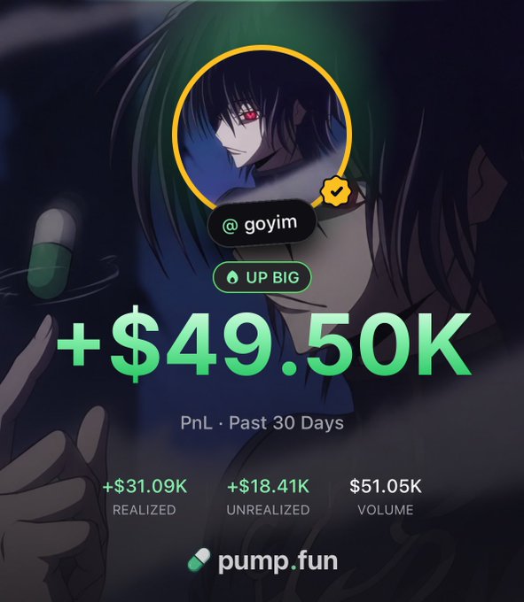 The image showcases a Pump.fun app profile for user "goyim" featuring an anime avatar, displaying a PnL of +$49.50K over the past 30 days, broken down into +$31.09K realized, +$18.41K unrealized, and $51.05K volume, aligning with the post's promotion of the Pump.fun app's zero trading fees and rewards system.