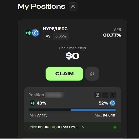 A screenshot of a cryptocurrency interface displaying 'My Positions' for the HYPE/USDC trading pair with an APR of 90.77% and a 'CLAIM' button.