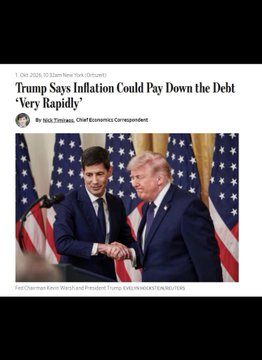A news article headline reading 'Trump Says Inflation Could Pay Down the Debt 'Very Rapidly'' by Niko Gallanes, featuring a photo of Donald Trump shaking hands with a younger man, likely Barron Trump.