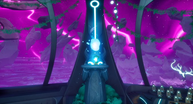 A scene from a video game showing a glowing blue and white pillar or shrine in a surreal environment with a vibrant purple sky, floating rocks, and stylized deer figures.