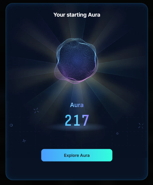 A dark-themed digital interface displaying 'Your starting Aura' with a glowing 3D mesh shape and the number '217' above an 'Explore Aura' button.