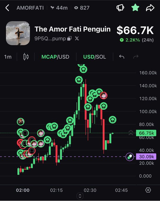 A trading chart of The Amor Fati Penguin meme coin showing a market cap of $66.7K with a 2.2K% gain over 24 hours, featuring candlestick action between approximately $30.09K and $66.75K.