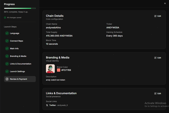A token launch dashboard showing 86% completion for 'andyweb3aiIns' ticker 'ANDYWEBA' with 415,360,000 total supply, 10 seconds block time, halving every 365 days, and social link @andyweb.3.