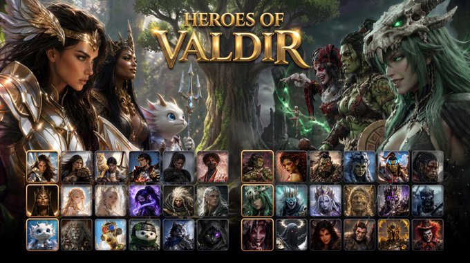 Promotional banner for "Heroes of Valdir" showcasing the 36 winning characters arranged in a grid below the game's title, flanked by detailed character artwork of fantasy heroes on both sides. The image celebrates the results of the second Heroes of Valdir vote, highlighting the selected characters that will be minted as NFTs in the Tales of Valdir universe.