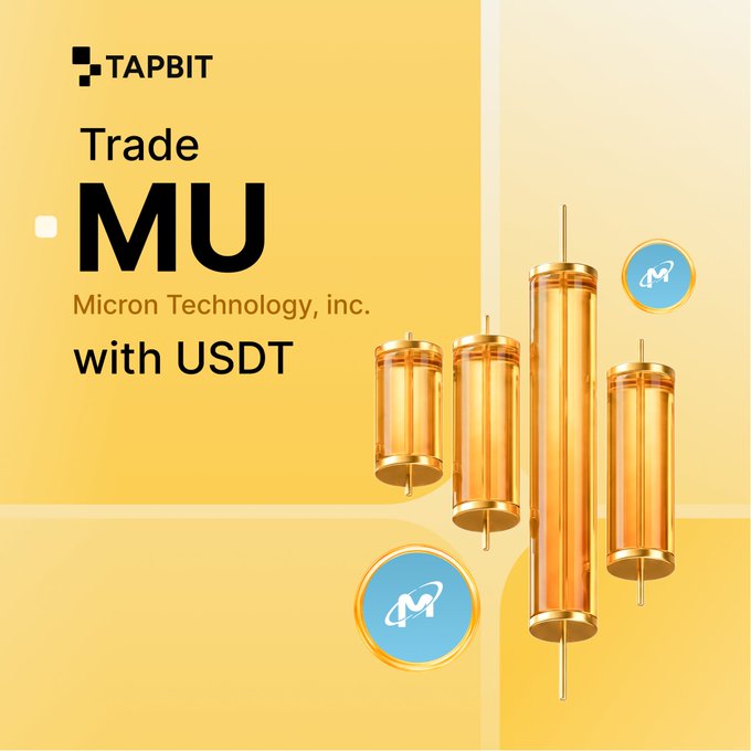 A promotional advertisement from Tapbit for trading MU (Micron Technology, inc.) stock with USDT, featuring a yellow background with stylized candlestick chart graphics and the Micron logo.
