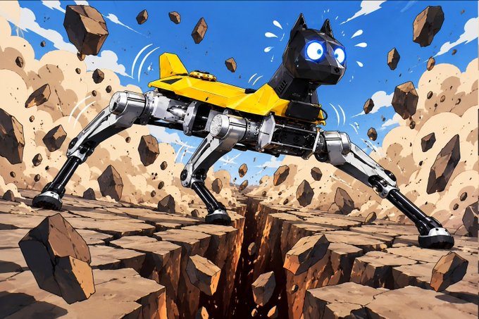 An illustrated scene of a robotic black cat with glowing blue eyes riding a mechanical yellow and silver quadruped across a rocky, cracked desert landscape with floating debris.