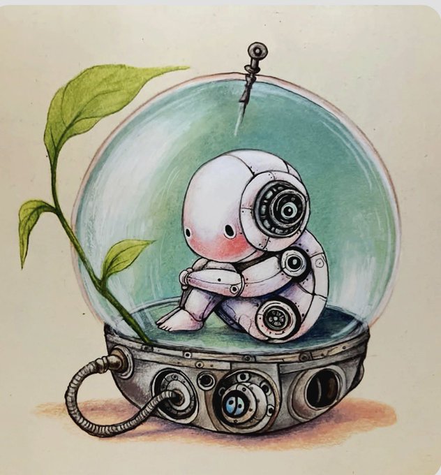 A whimsical illustration of a small, melancholic robot sitting curled up inside a glass dome or terrarium with a green plant, mounted on a metallic base with dials and wires.