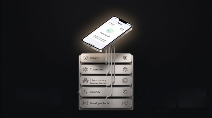 A 3D rendered illustration shows a smartphone displaying a "Completed" payment screen for $152.00, with lines connecting it to a layered, metallic block structure labeled with categories like "Security," "Consensus," "Infrastructure (Expedited Standard)," "Liquidity," and "Developer Tools."
