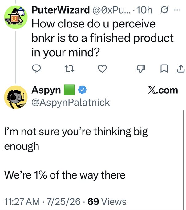 Screenshot of a Twitter/X exchange where 'PuterWizard' asks how close 'bnkr' is to a finished product, and 'Aspyn' (Aspyn Palatnick) replies 'I'm not sure you're thinking big enough. We're 1% of the way there.'