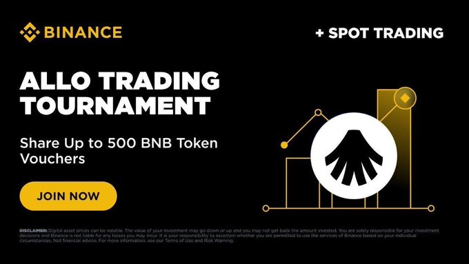 A Binance promotional banner for the 'ALLO TRADING TOURNAMENT' offering up to 500 BNB Token Vouchers for spot trading, featuring a 'JOIN NOW' button.