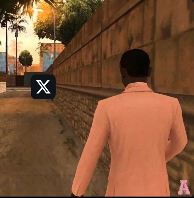 A screenshot from the game Grand Theft Auto: San Andreas shows a character in a peach suit walking down a sunny street, with an X (formerly Twitter) logo overlaid.