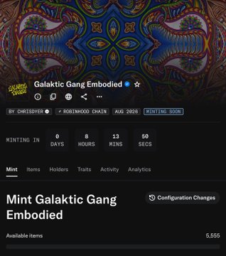 A countdown page for the "Galaktic Gang Embodied" NFT mint on Magic Eden shows 8 days, 13 hours, and 50 seconds until launch, with 5,555 available items. The image aligns with the post's excitement for the @GalakticGangNFT mint, which is highlighted as one of the only mints worth paying attention to that day.