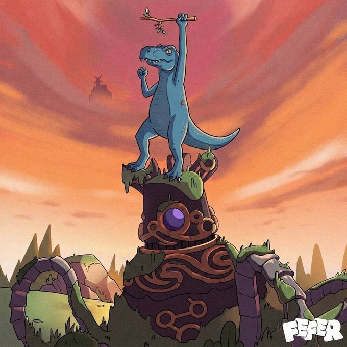 A digital illustration shows a small blue dinosaur standing triumphantly atop a mossy, mechanical tower holding a stick in the air, with the text 'FUFER' in the bottom right corner.