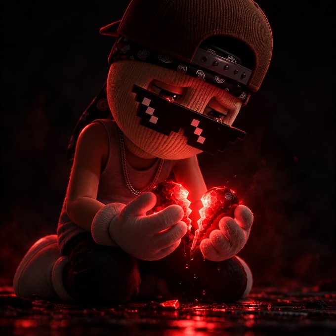 A 3D rendered character with a backward cap, pixelated sunglasses, and bandana tears a glowing red heart in half in a dark, moody setting.