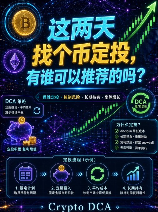 Crypto DCA (Dollar-Cost Averaging) infographic in Chinese titled '这两天，找个币定投，有谁可以推荐的吗？' explaining DCA strategy, benefits, and a 4-step investment process.