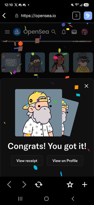 A mobile screenshot of the OpenSea NFT marketplace showing a successful purchase confirmation "Congrats! You got it!" for an NFT of a character with a yellow cap and gray beard.