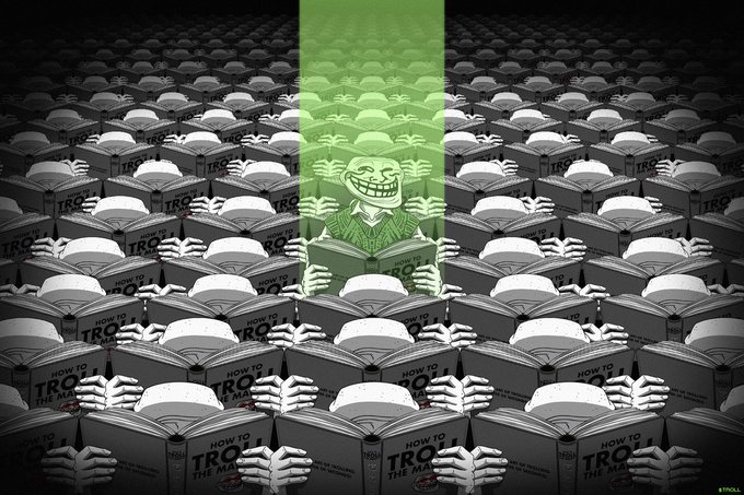 An illustration shows countless figures engrossed in books titled "How to Troll the Market," all reading in monochrome except for one central figure highlighted in a bright green spotlight, laughing maniacally—suggesting that $TROLL will stand out and shine during an upcoming massive price run while others remain unaware.