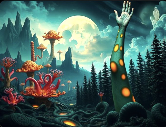 A surreal digital artwork depicting an alien landscape with glowing orange mushrooms, twisted tentacle-like trees, a large full moon, and a giant human arm reaching up from a winding, vein-like ground beneath a cloudy night sky.