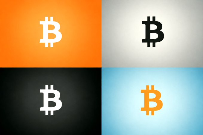 A 2x2 grid displaying the Bitcoin (₿) logo in four different color variations: orange, white, black, and gold, each on a contrasting background.