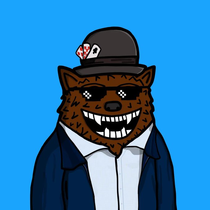 A cartoon drawing of a brown wolf or bear character with pixelated sunglasses and fanged smile, wearing a dark hat with playing cards tucked into it and a blue jacket.