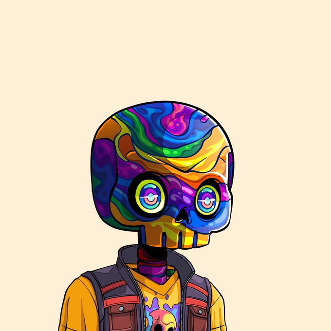 A colorful, psychedelic skull character with swirling rainbow patterns, wearing a yellow shirt, a red-strapped vest, and a backpack against a beige background.