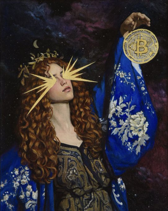 A digital art remix of a classical painting featuring a woman with rays over her eyes holding a Bitcoin coin against a starry background.