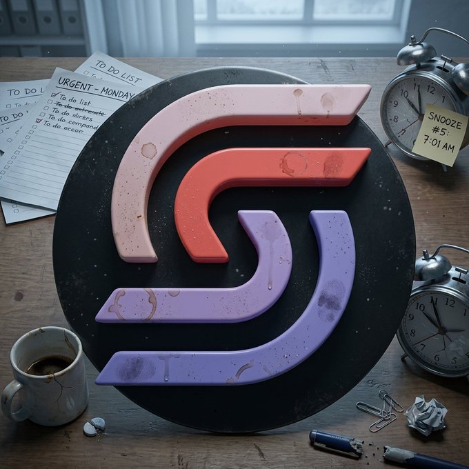 A stylized 3D rendering of a colorful spiral logo (resembling the Bluesky/AT Protocol logo in pink, red, and purple) on a black circular background, placed on a wooden desk alongside to-do lists, a coffee mug, alarm clocks (one with a 'SNOOZE #5: 7:01 AM' sticky note), and paper clips.