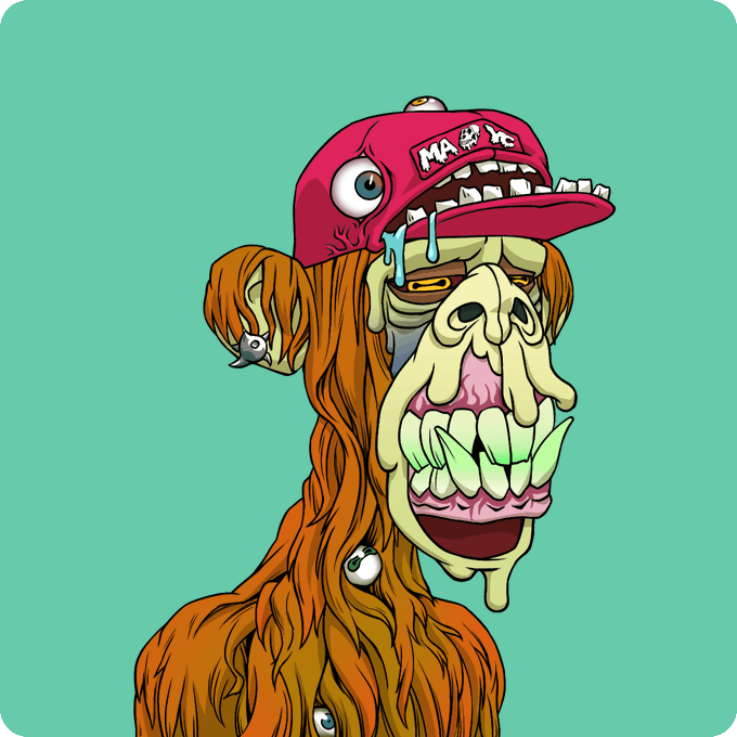 A grotesque cartoon illustration of a creature with orange hair, a large mouth with green teeth, drooling, and a red cap with an eye, set against a teal background.