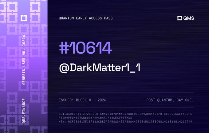 A purple and dark blue 'Quantum Early Access Pass' card for QMS Finance, Genesis User No. 10614, issued to @DarkMatter1_1 with cryptographic hash and key data.