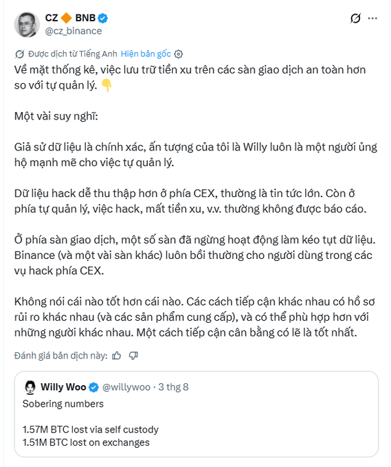 CZ (Binance) responds to Willy Woo's sobering statistics—1.57M BTC lost via self-custody vs. 1.51M BTC lost on exchanges—arguing that both centralized exchanges and self-custody have trade-offs, and a balanced approach is best.