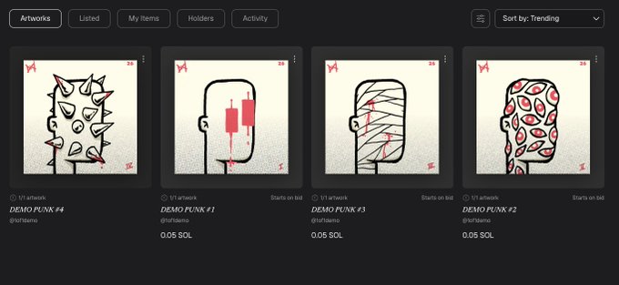 An NFT marketplace displaying four digital art pieces from a 'DEMO PUNK' collection by richlame, each priced at 0.05 SOL.