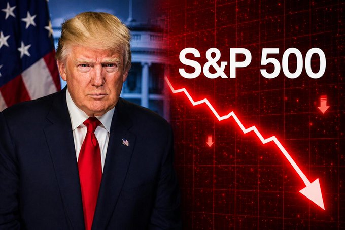 This image shows Donald Trump with the S&P 500 index displaying a sharp downward trend, visually representing a stock market crash. The post explains how rising oil prices might be the cause of this potential market downturn.