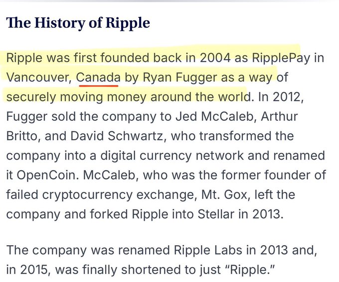 An article titled 'The History of Ripple' explaining that Ripple was founded in 2004 as RipplePay in Vancouver, Canada by Ryan Fugger, later acquired by Jed McCaleb, Arthur Britto, and David Schwartz in 2012.